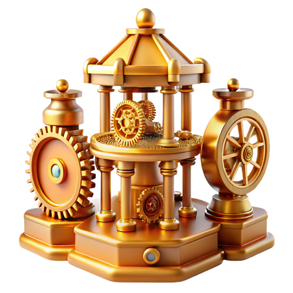 playful captivating An intricate clockwork tower, gears and cogs, steampunk aesthetic, warm golden light, fantasy style, handcrafted png