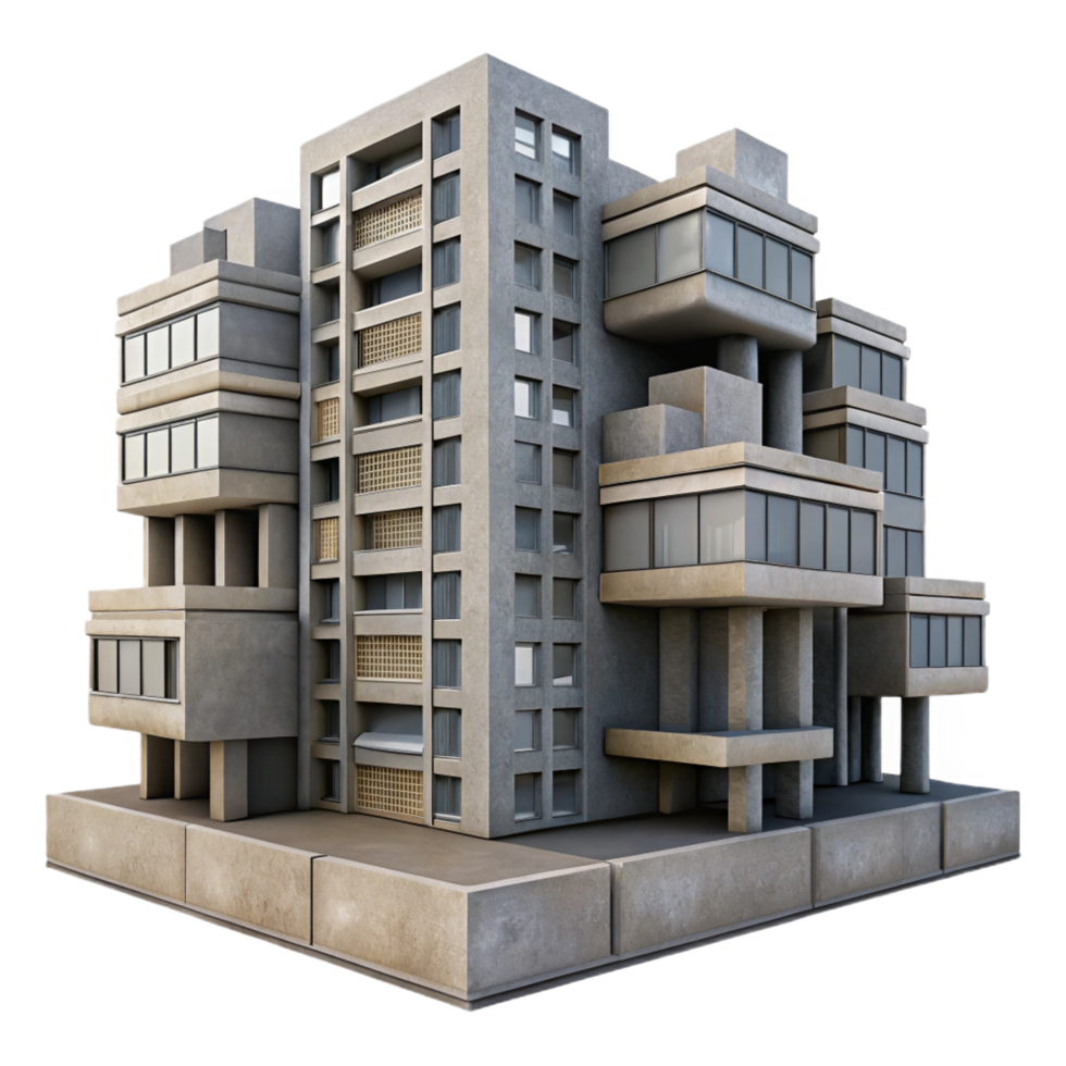 extraordinary remarkable A Brutalist concrete apartment complex, overcast sky, muted color palette, stark geometric forms, repetitive patterns, gritty urban realism png