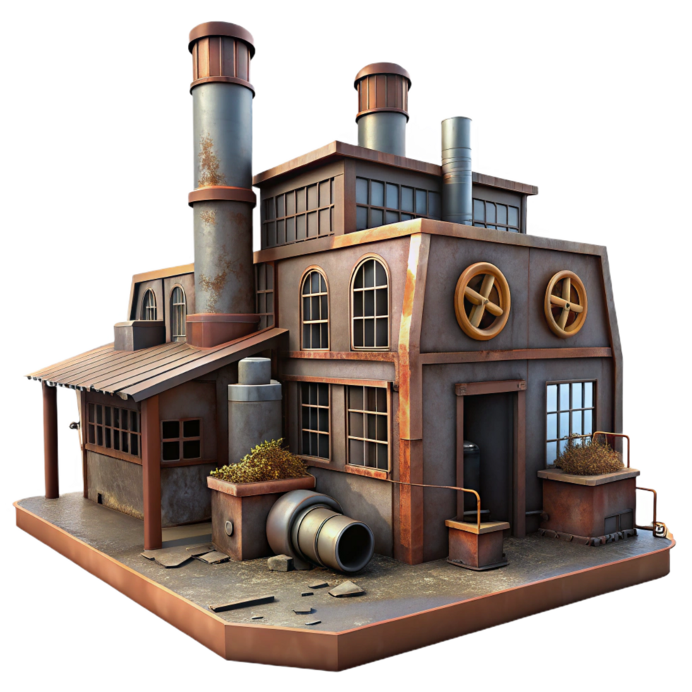bold impressive An abandoned industrial factory with rusting machinery and broken windows, dim ambient light, dystopian style studio quality png