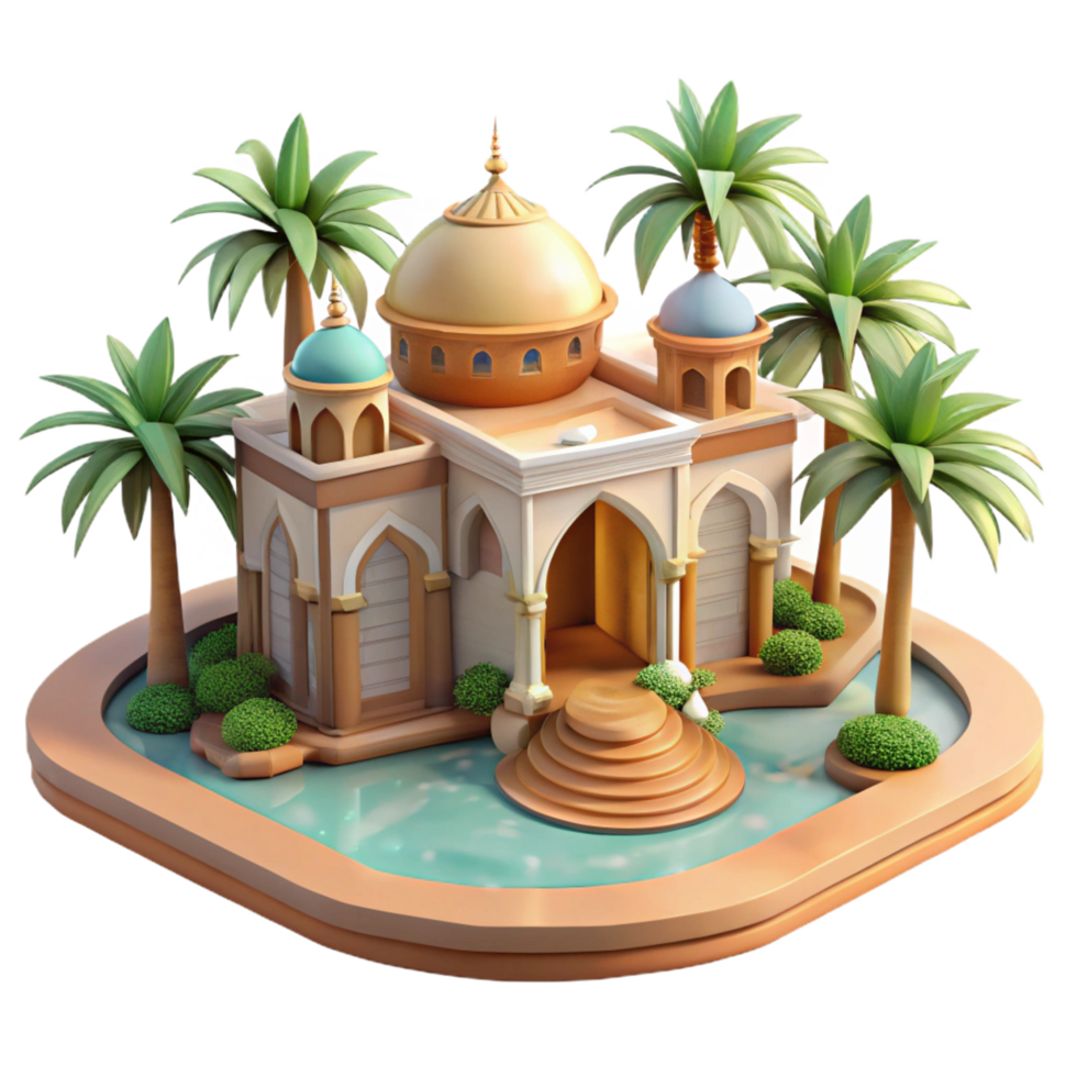 pristine exceptional A desert oasis with a Moorish palace, intricate arches and mosaics, palm trees, shimmering heat haze png