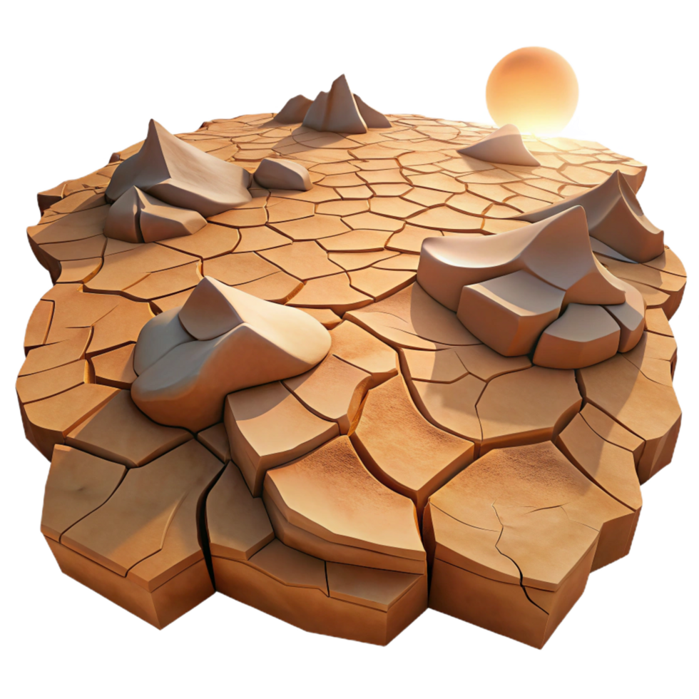 gorgeous whimsical rustic A cracked earth desert landscape, harsh midday sunlight, photorealistic and desolate style luxury png
