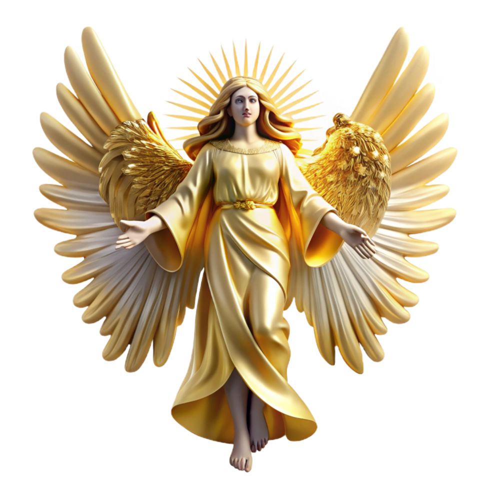 picturesque dreamy surreal A celestial being with radiant golden wings descending from the heavens, divine golden lighting, in a grand baroque painting style ultra HD png