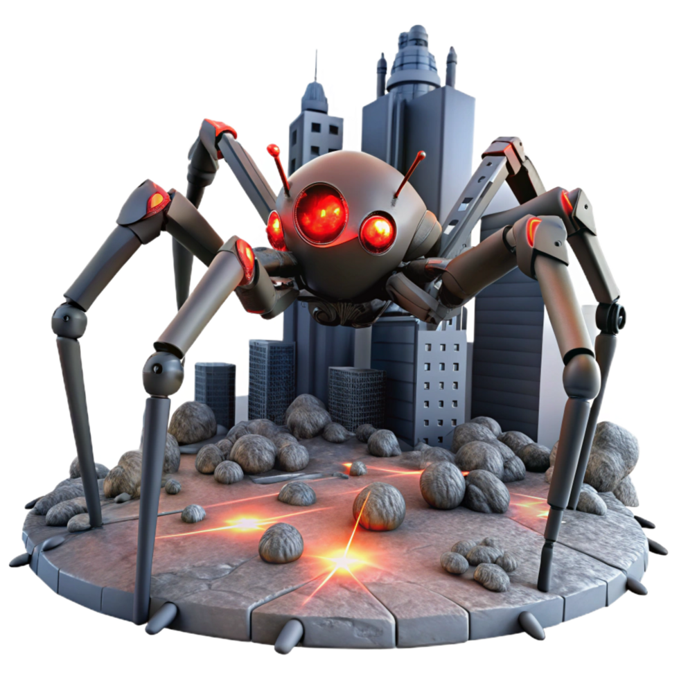 dramatic memorable A giant, robotic spider, with glowing red eyes and laser cannons, crawls across the ruins of a futuristic city. Dystopian style png