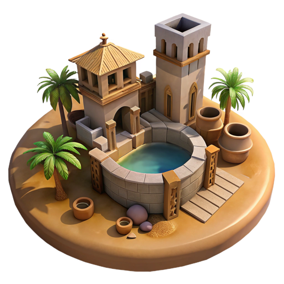 picturesque urban A desert oasis town built around a massive, ancient well, warm midday sun, earthy and textured style, matte painting render genuine png