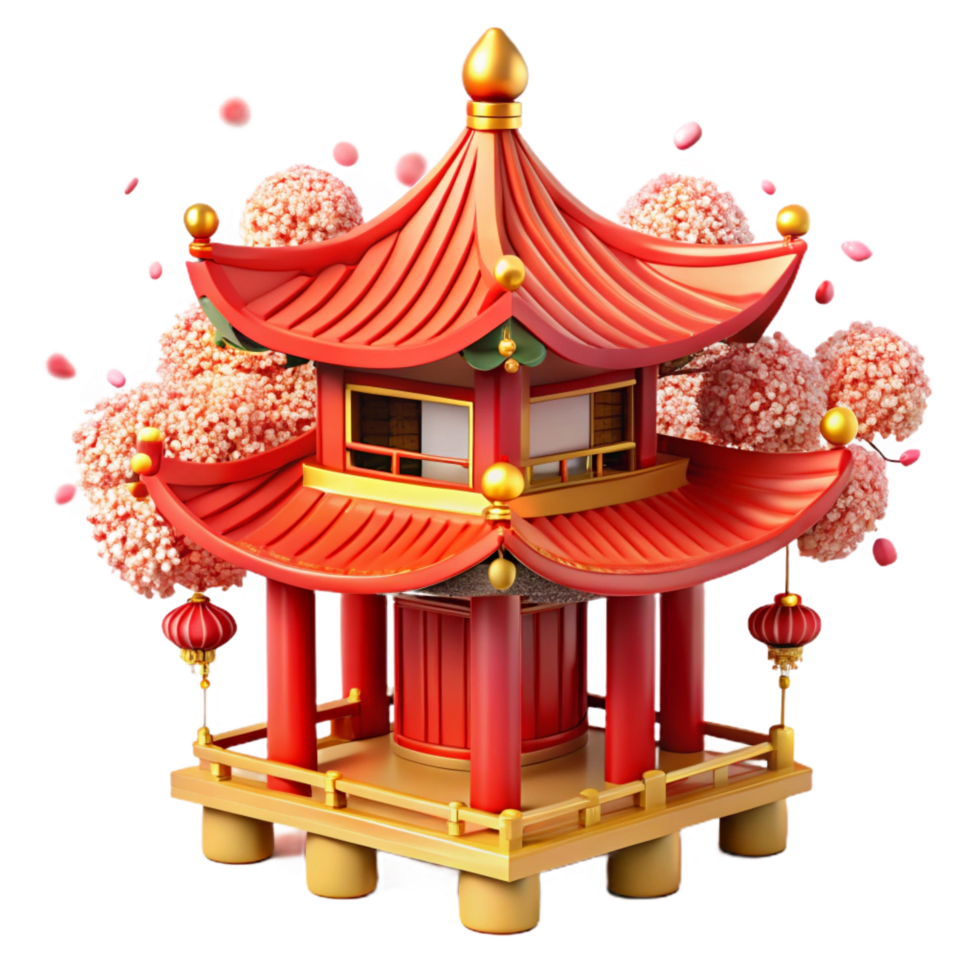 sumptuous vintage A traditional Chinese pagoda with red and gold details, intricate carvings, surrounded by cherry blossoms professional png