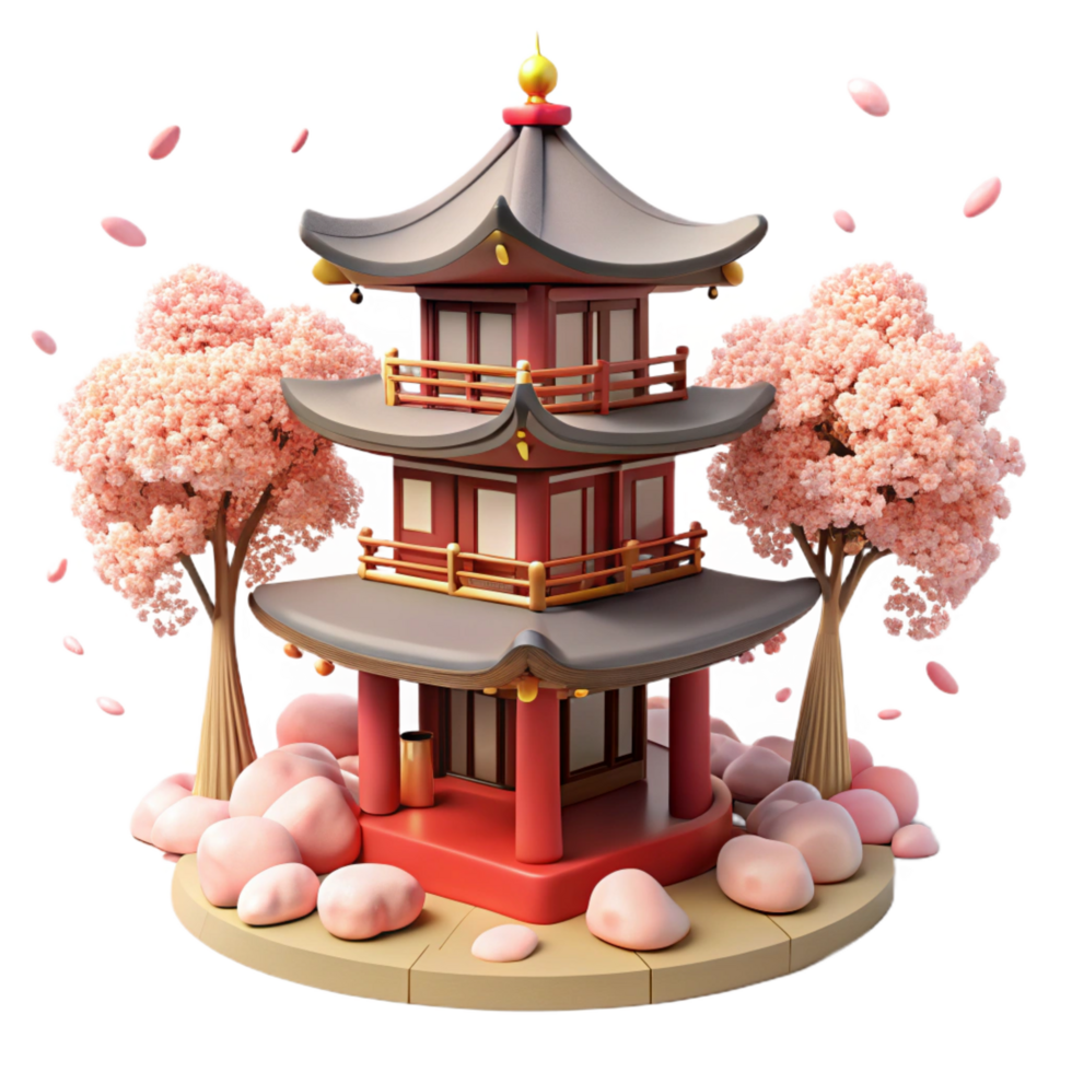 picturesque passionate abstract A traditional Japanese pagoda, surrounded by cherry blossoms, soft, diffused lighting, serene and peaceful style handcrafted png