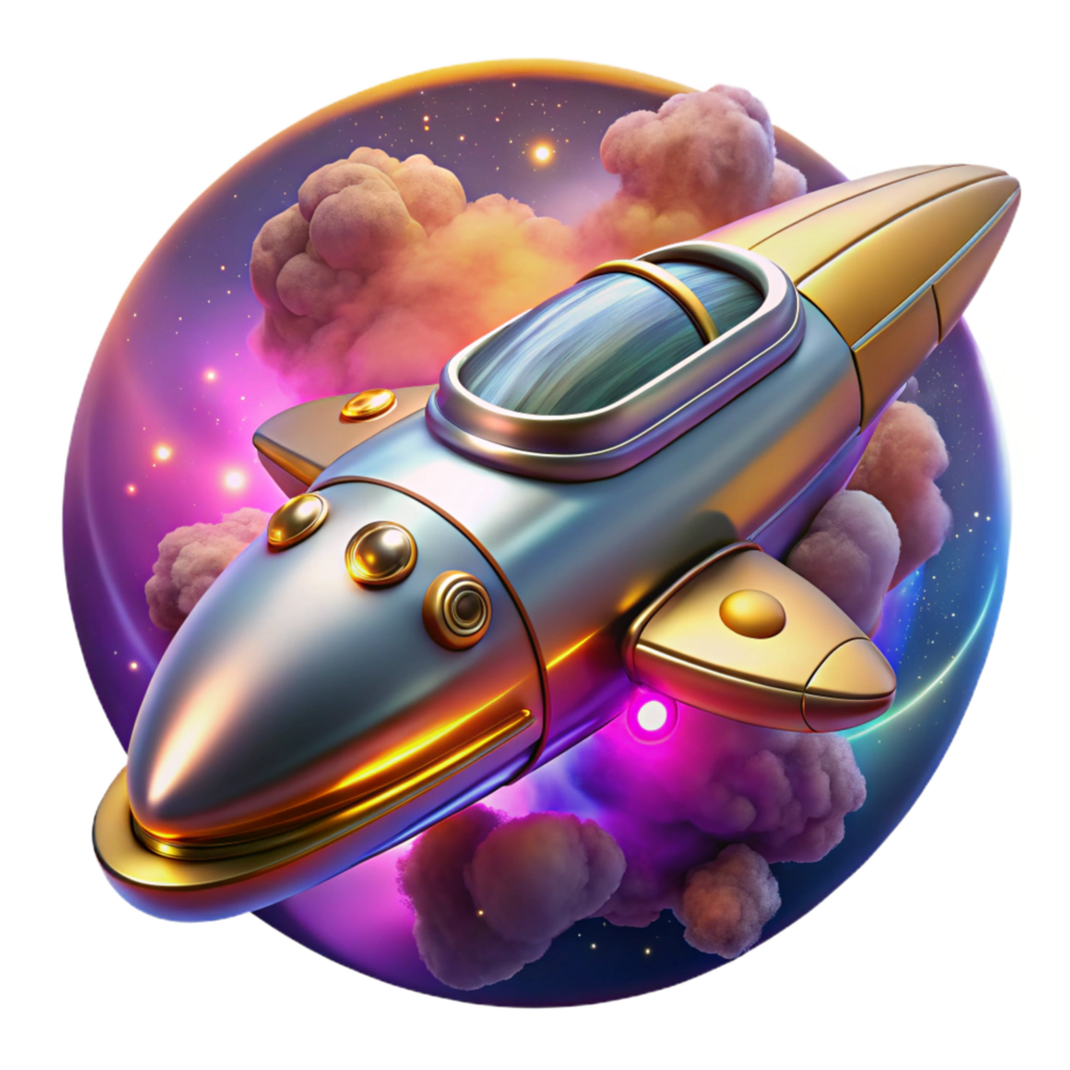 alluring ethereal creative A retro futuristic spaceship, chrome and brass details, flying through a nebula, illuminated by the nebula s vibrant colors, in an art deco style luxury png