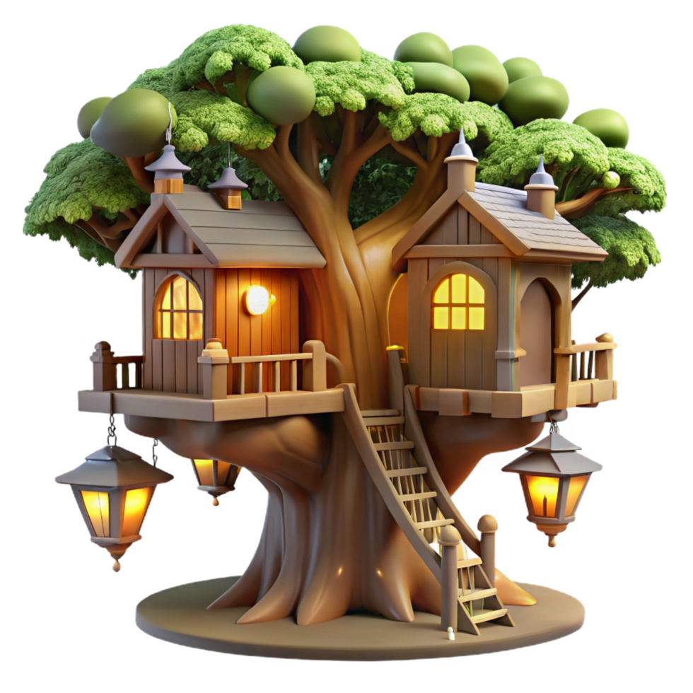 beautiful energetic traditional A treehouse built into a giant redwood tree, rustic wood construction, glowing lanterns, magical and whimsical high resolution png