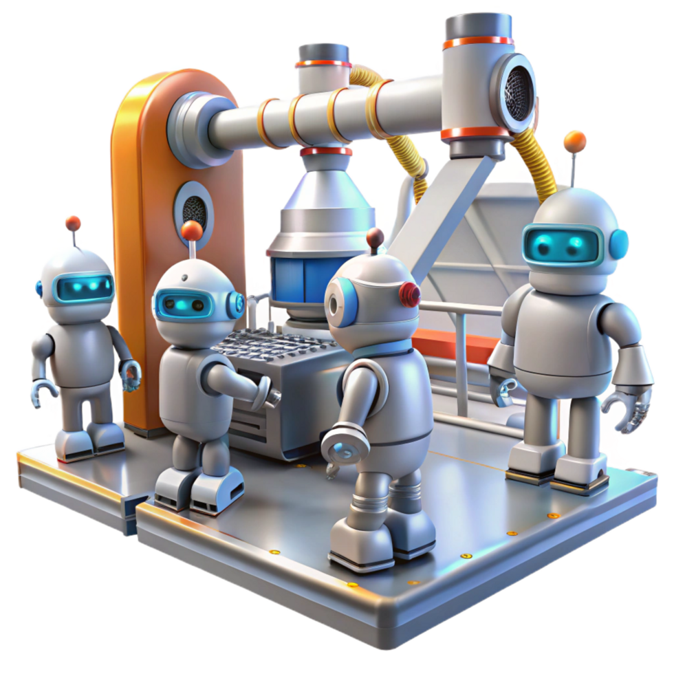 fascinating sought after A group of robots working in a futuristic factory, industrial lighting, photorealistic, png