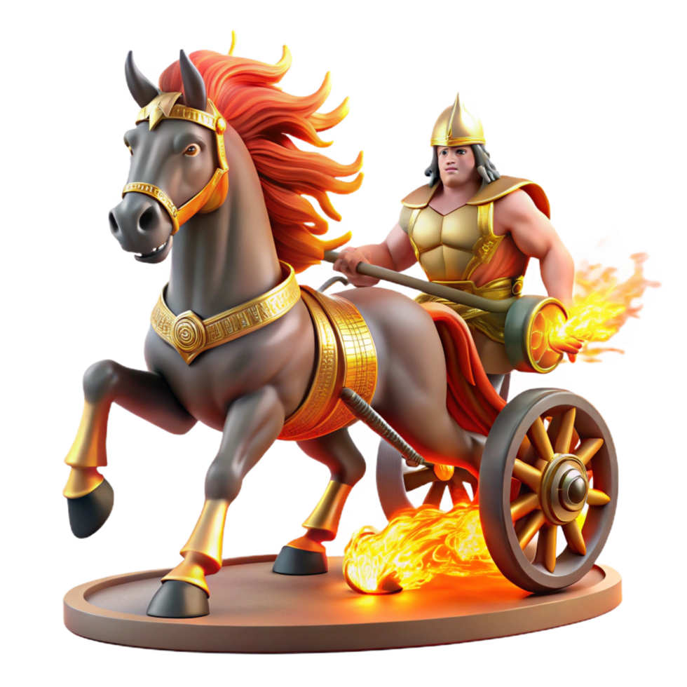 distinguished tropical A fierce Ares leading his chariot into battle, drawn by fiery steeds, classical Greek style, dramatic, firelit lighting studio quality png