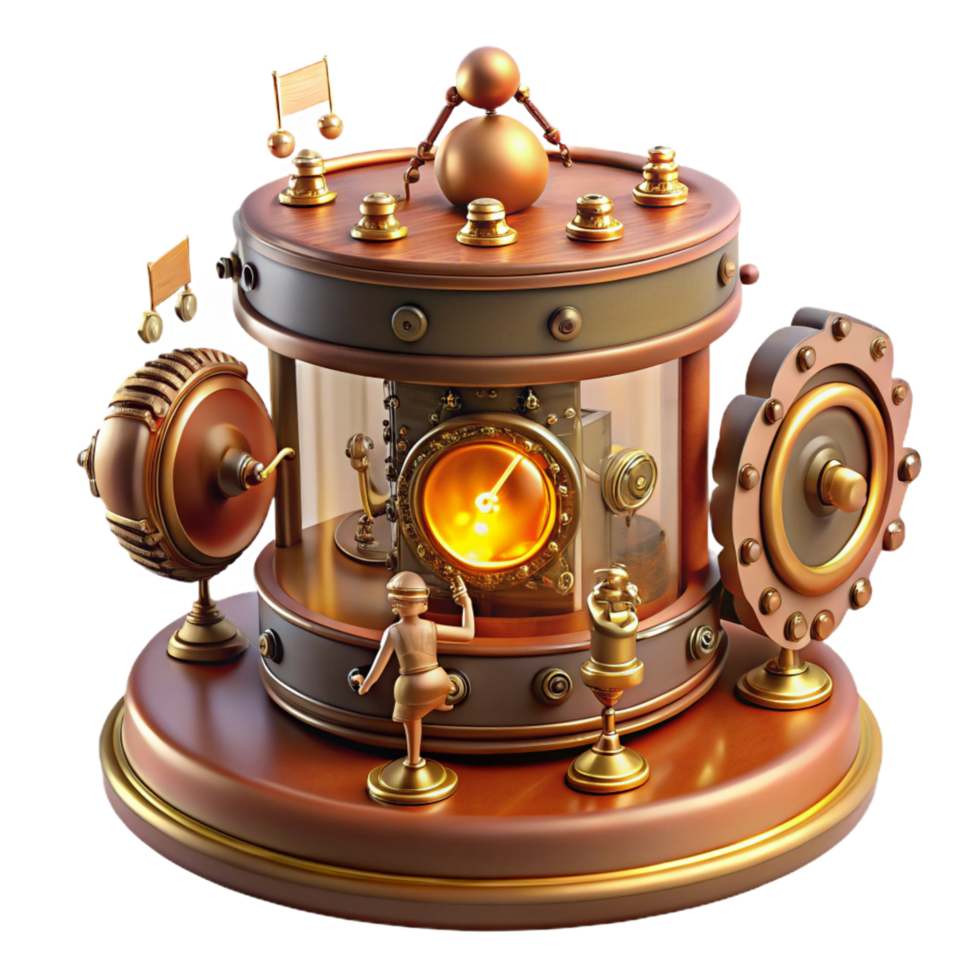 enchanting surreal A close up of a steampunk music box, playing a haunting melody, with intricate gears and tiny dancing figures, lit by a warm, flickering candlelight refined png