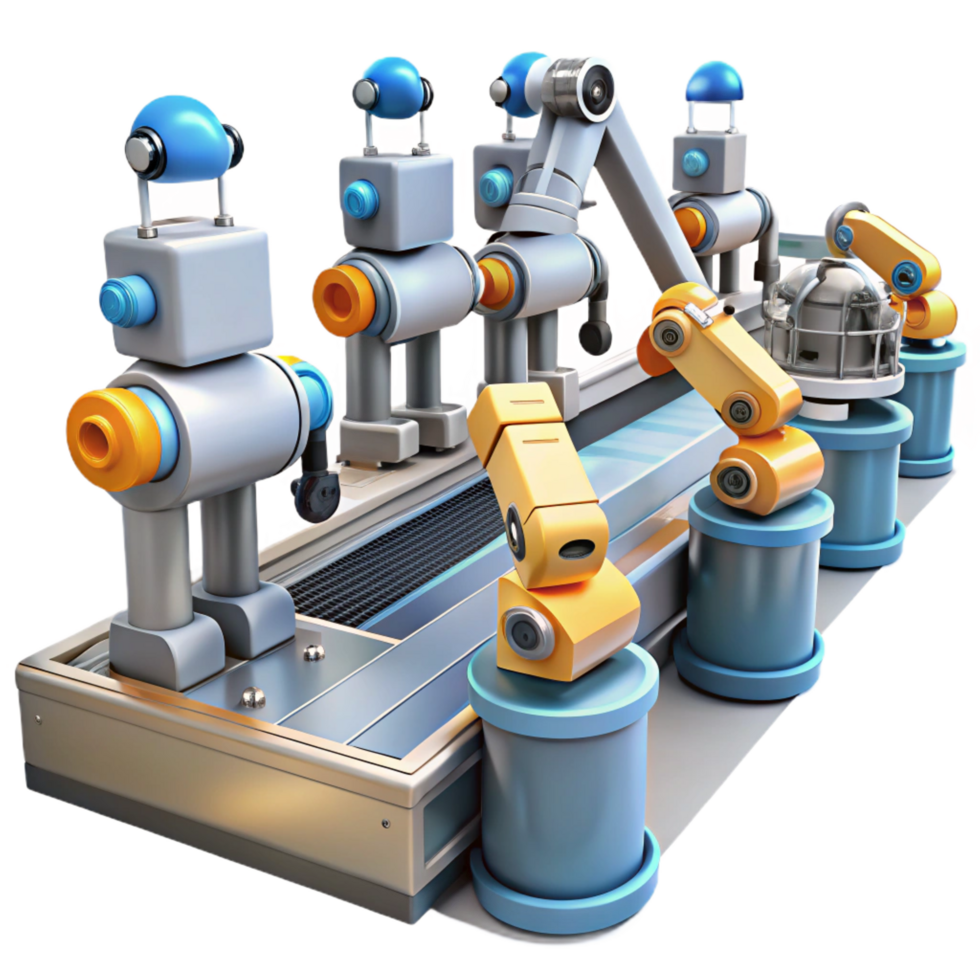 nostalgic fascinating A group of robots working in a factory, automated assembly line, bright, industrial lighting, realistic style crisp png