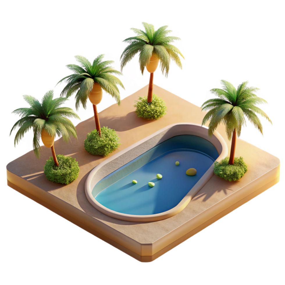 dramatic alluring A desert oasis with palm trees and a reflecting pool, bright midday sunlight, photorealistic render high quality png