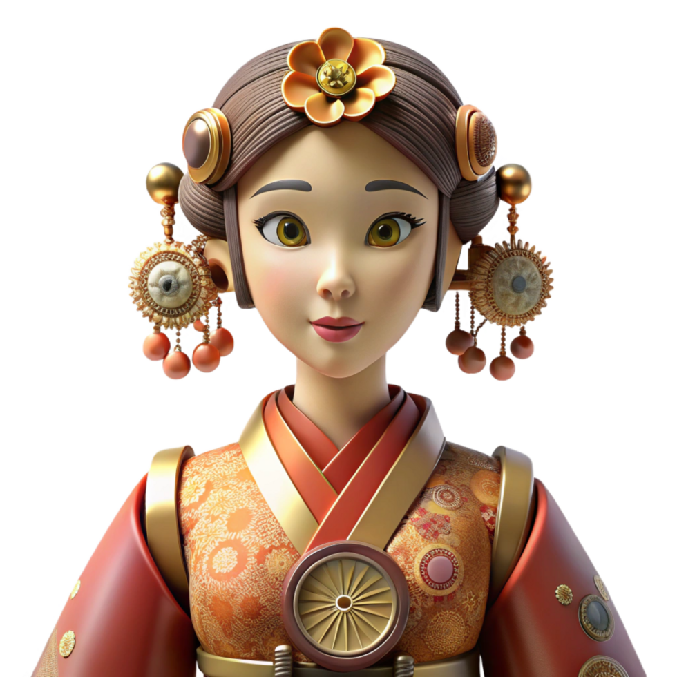 signature classic A beautiful steampunk automaton, resembling a geisha, adorned with intricate clockwork mechanisms and silken robes. Soft, diffused lighting with a warm color palette high quality png
