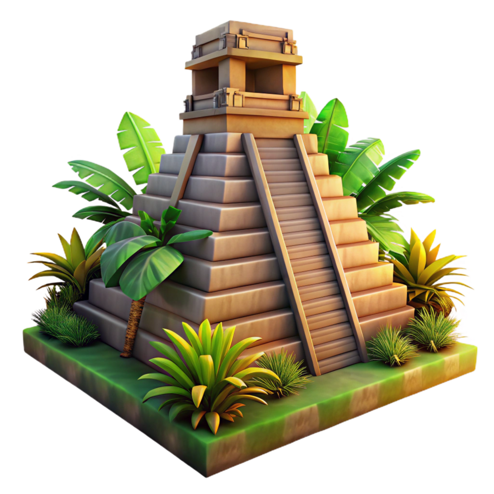 magnificent tranquil traditional A Mayan pyramid overgrown with jungle vegetation, dramatic sunset lighting, historical illustration style flawless png