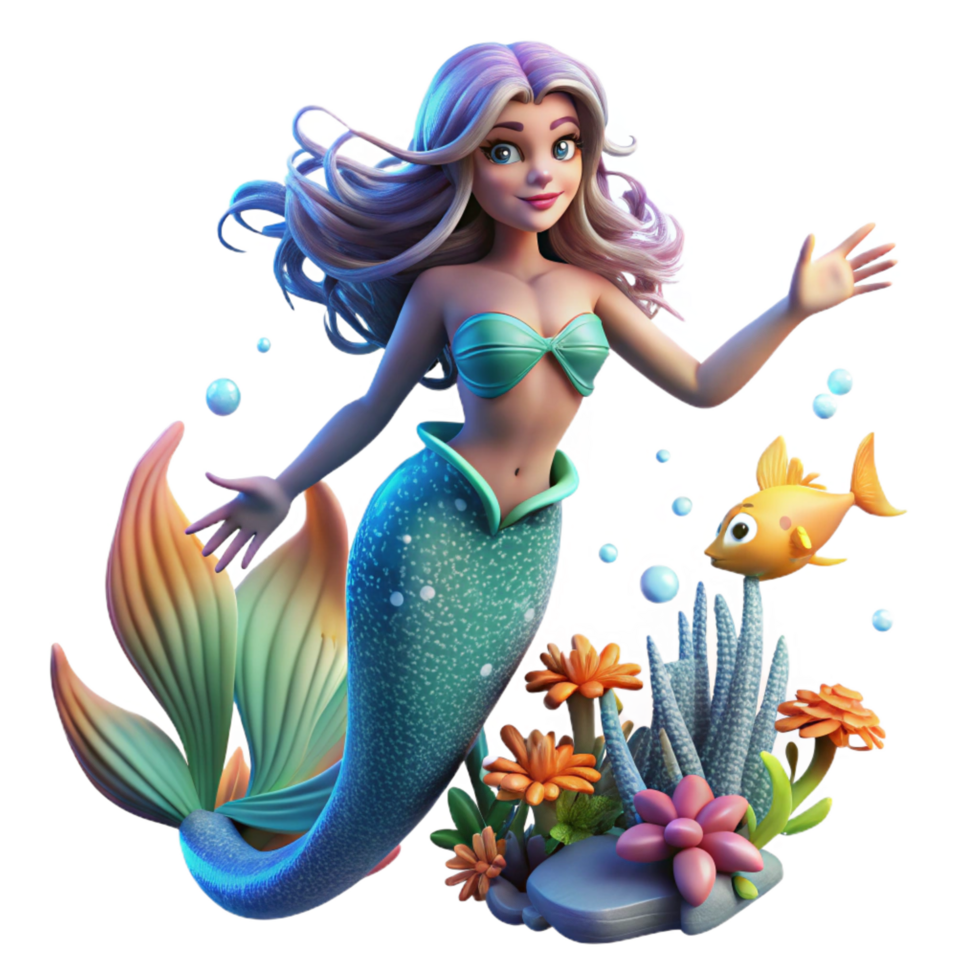 inspired bohemian A beautiful mermaid with shimmering scales and flowing hair swimming through a coral reef filled with glowing fish, vibrant, underwater lighting, fantasy art style impeccable png