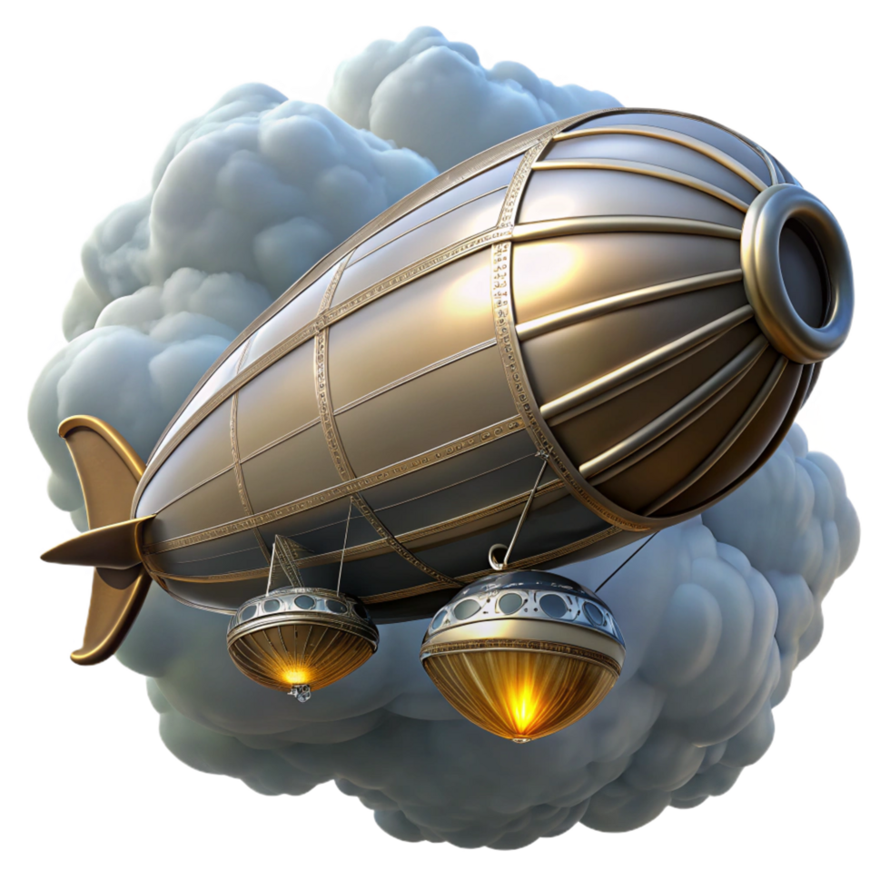 unforgettable retro A majestic airship sailing through a cloudy sky, bright sunlight and cloud reflections, in a steampunk illustration style top tier png