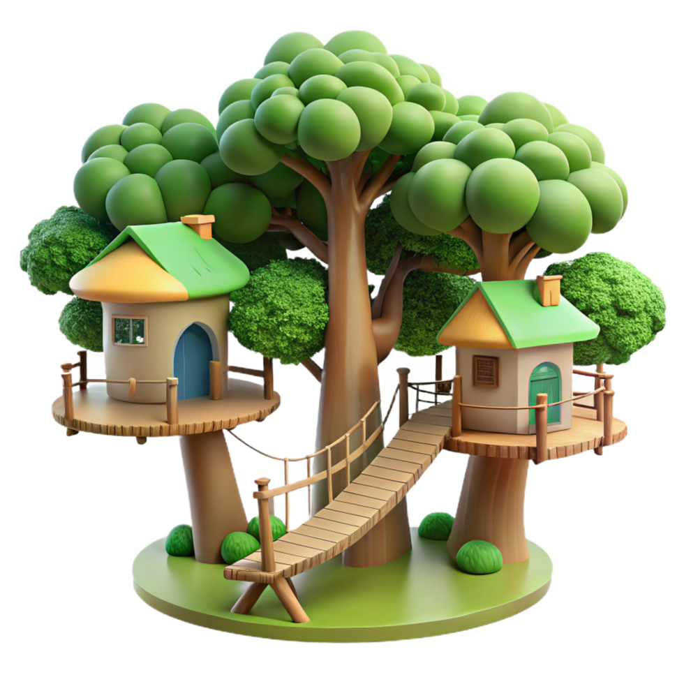 joyful stunning A treehouse village connected by rope bridges, lush green foliage, dappled sunlight, whimsical style, professional png