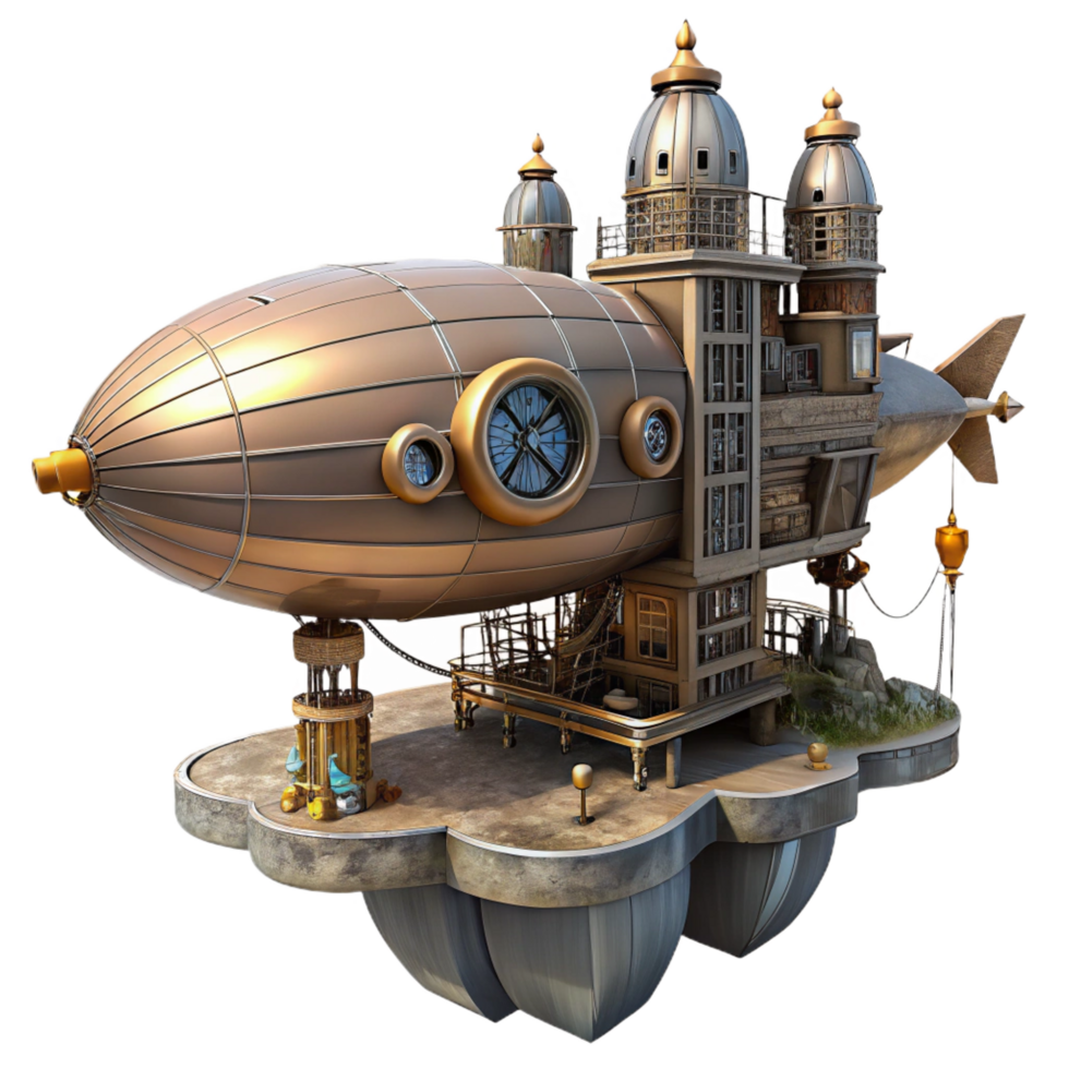 hypnotic unparalleled A steampunk airship docking at a floating city, intricate gears and pipes, retro futuristic, dieselpunk, detailed, png