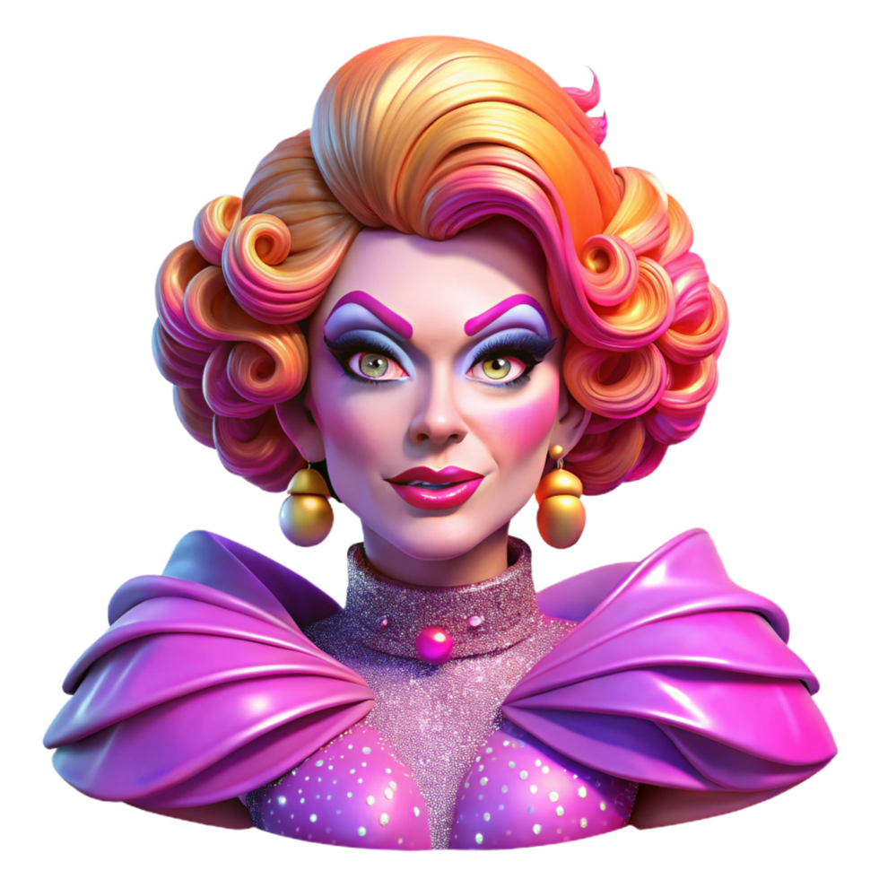 alluring quintessential Portrait of a flamboyant drag queen with extravagant makeup and a glamorous outfit, lit by bright stage lights, in a pop art style png