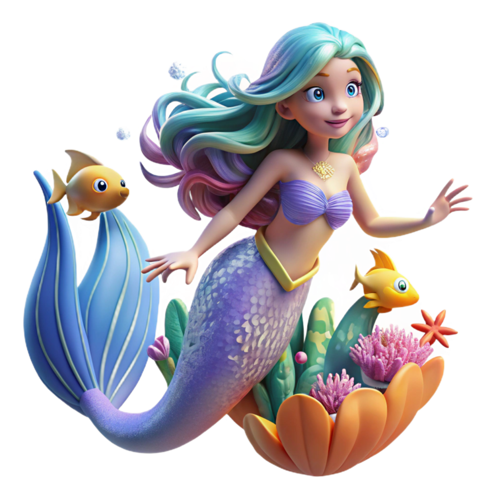 spectacular modern A beautiful mermaid with shimmering scales and flowing hair swimming through a coral reef filled with glowing fish, vibrant, underwater lighting, fantasy art style elite png