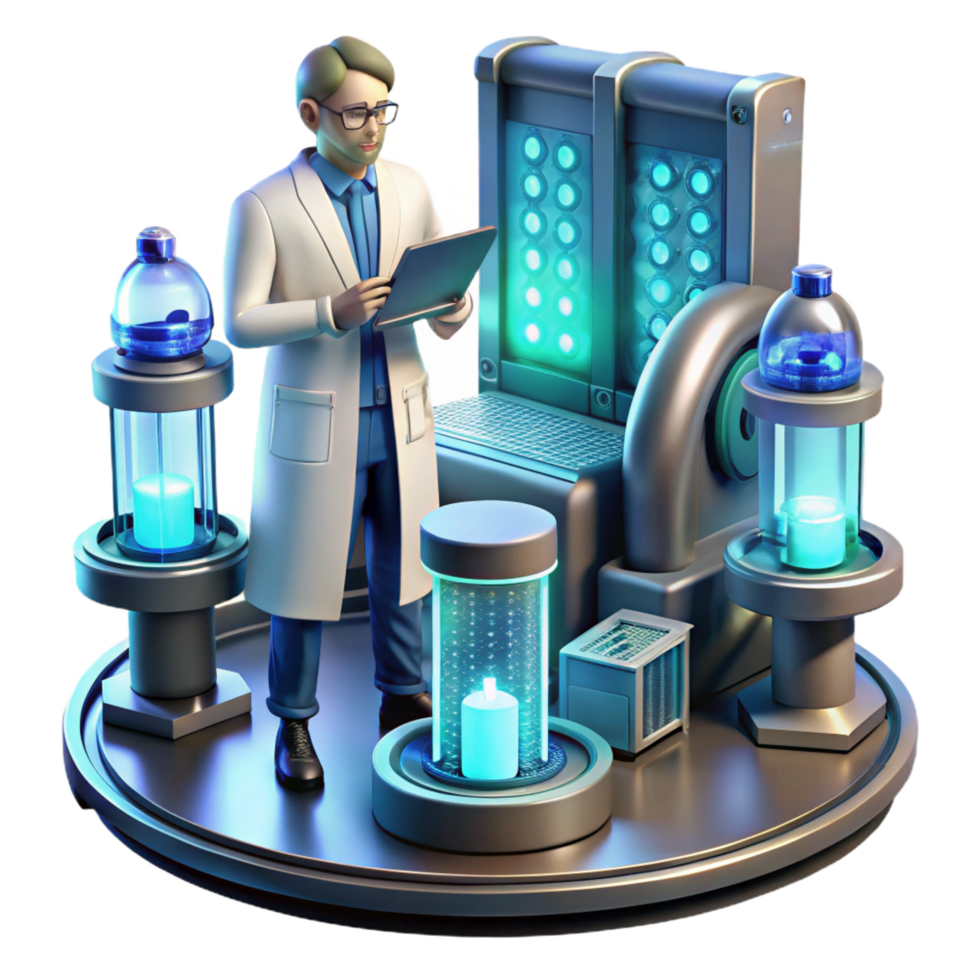 melancholic glorious A scientist working in a futuristic laboratory, surrounded by glowing screens and complex machinery, cool lighting, realistic style 8K png