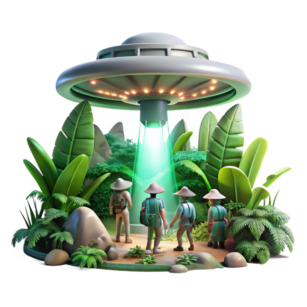 extraordinary iconic A group of explorers discovering a hidden alien temple within a dense jungle, shafts of light piercing the canopy, rendered in a lush, vibrant style png