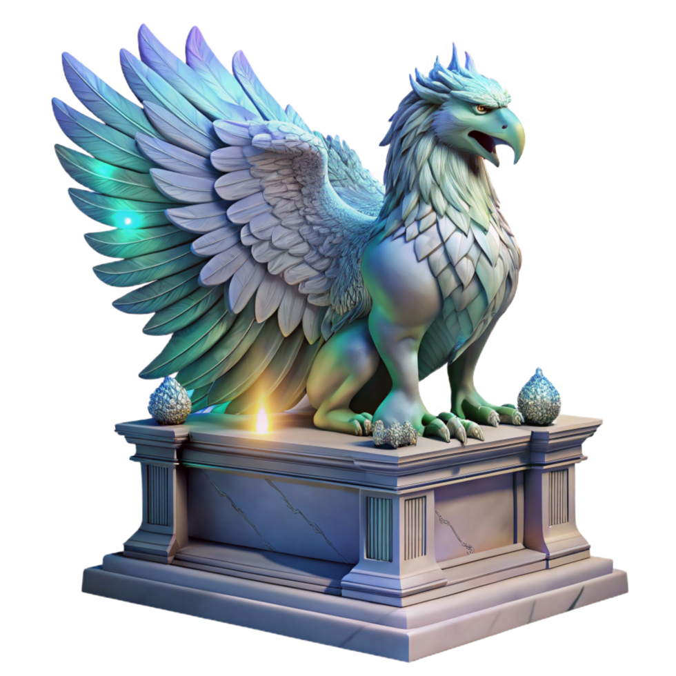 exquisite quintessential A majestic griffin with iridescent feathers, perched atop a crumbling marble altar, bathed in ethereal moonlight. Intricate, hyperrealistic style png