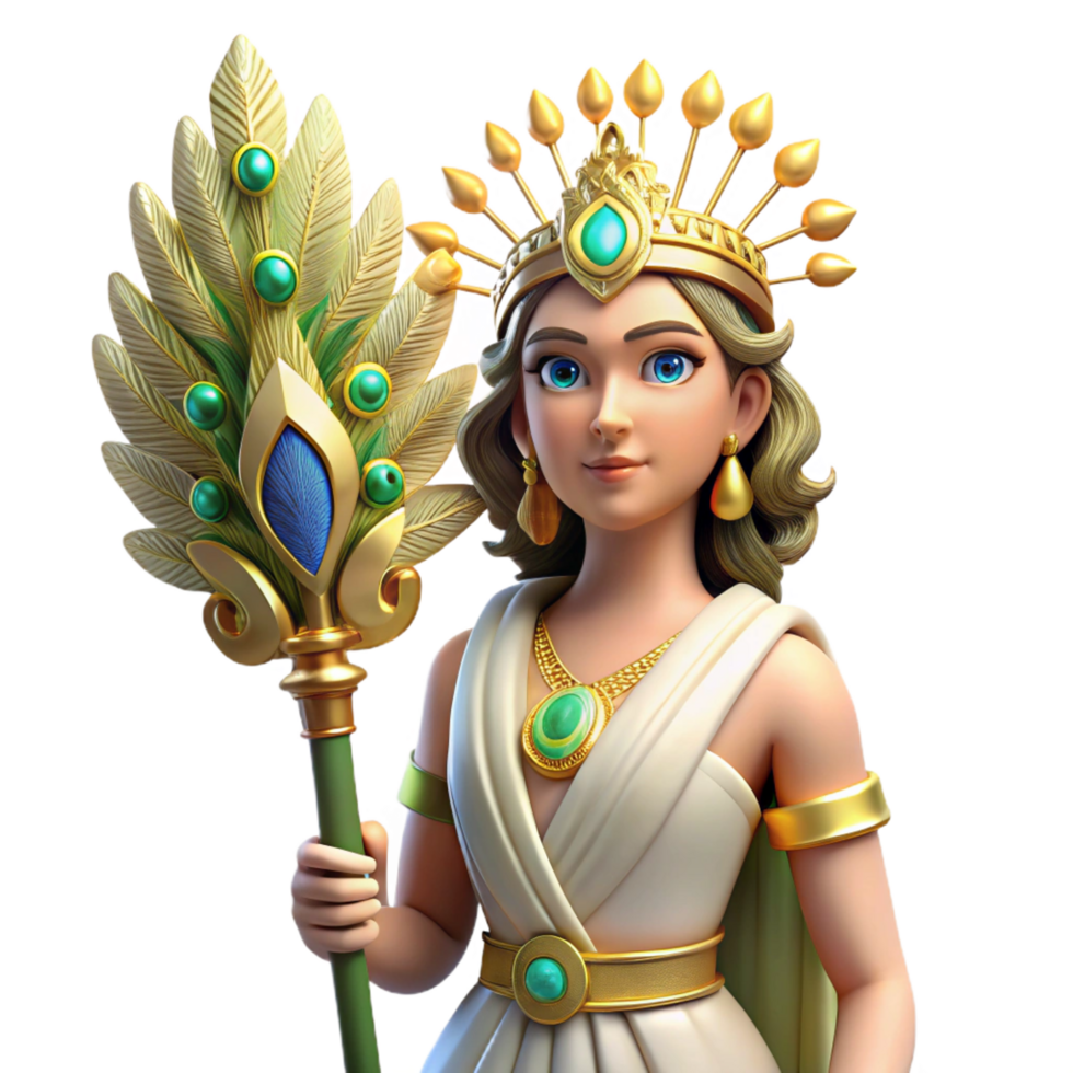 notable rustic Hera, the queen of the Olympian gods, adorned with a peacock feather headdress, holding a royal scepter, bathed in soft, golden light. Neoclassical style high resolution png