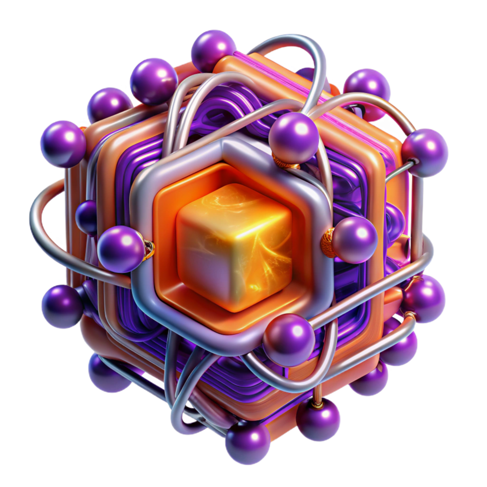 dramatic romantic contemporary A quantum computer, glowing wires and nodes, complex patterns, vibrant purple and orange hues, abstract art style artisan png