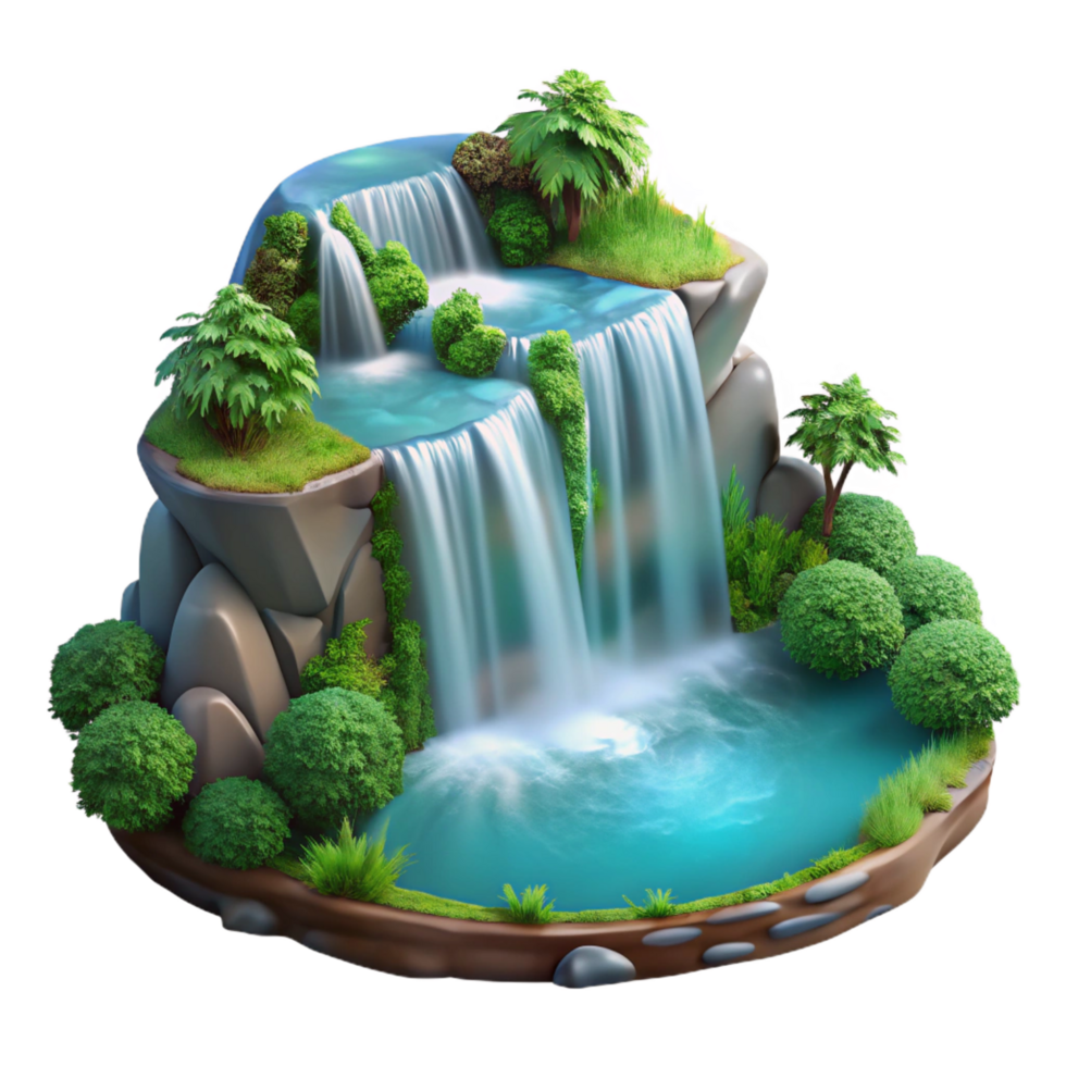 breathtaking modern A cascading waterfall plunging into a crystal clear pool, surrounded by lush greenery, long exposure photography style high resolution png