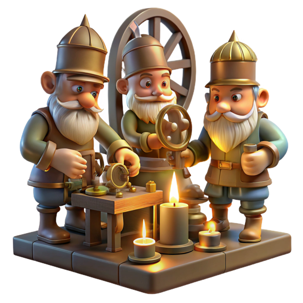 sumptuous unforgettable A group of gnomes crafting intricate clockwork devices in a dimly lit workshop, warm candlelight, steampunk style png