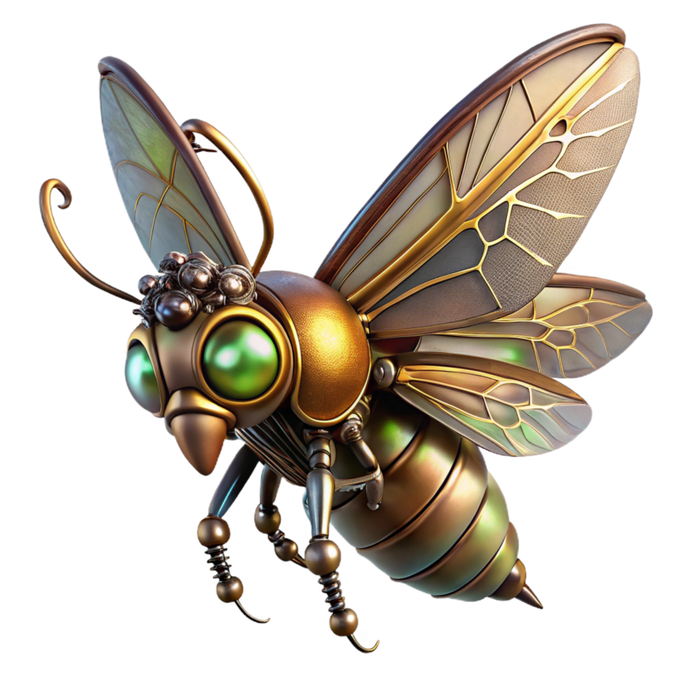 gorgeous melancholic tropical A steampunk insect, with metallic wings and glowing antennae, perched on a gear. Soft, diffused lighting. Entomological illustration style impeccable png