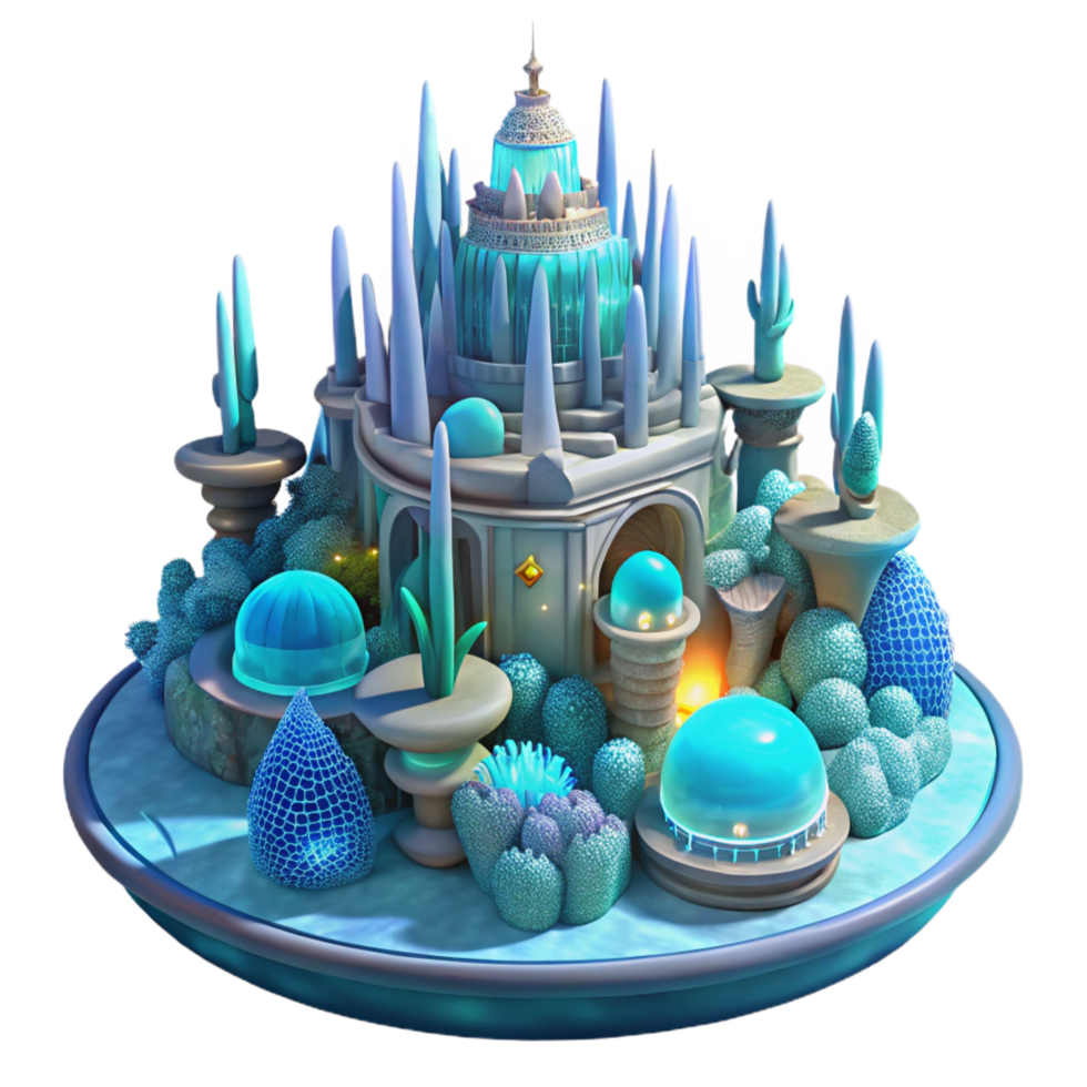peaceful hypnotic An underwater city built of bioluminescent coral, glowing with ethereal light, fantasy style high resolution png