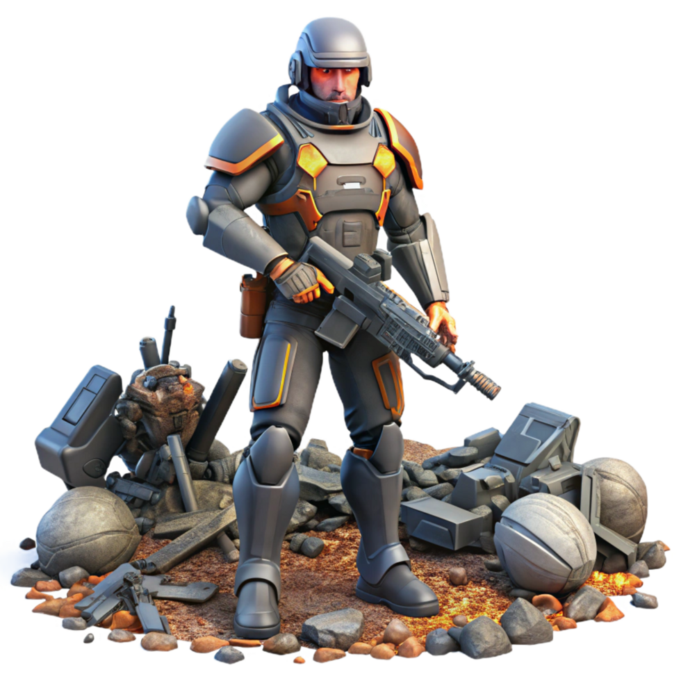 sought after vintage A futuristic soldier, armed with a plasma rifle, standing amidst a battlefield strewn with wreckage. Military sci fi style. Harsh lighting artisan png