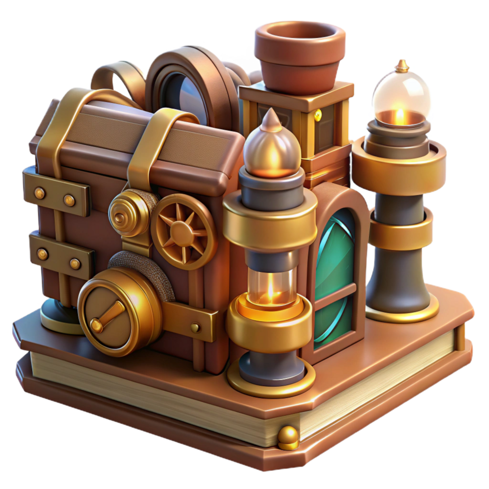 dramatic unparalleled A steampunk library filled with ancient tomes and strange devices, warm, inviting lighting, illustration style png