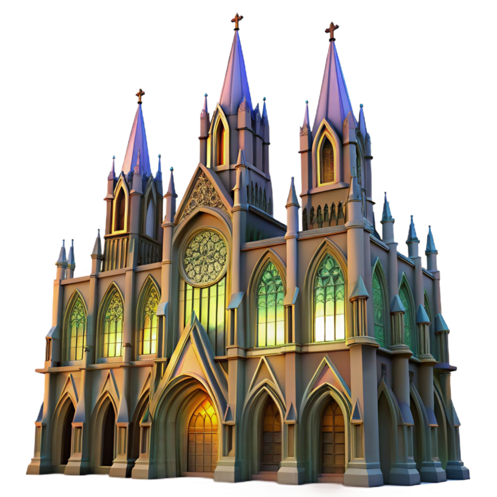 playful hypnotic A towering Gothic cathedral with intricate stained glass windows, dramatic sunset lighting, digital painting style flawless png