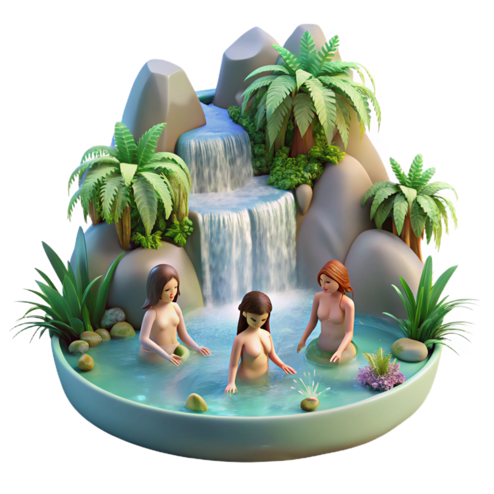 breathtaking unforgettable A group of nymphs bathing in a crystal clear waterfall, surrounded by lush vegetation, illuminated by dappled sunlight. Romantic style png