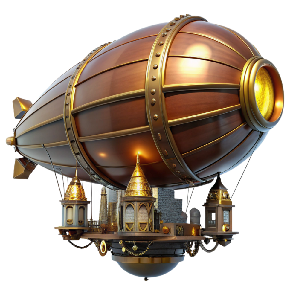 dazzling exemplary A majestic steampunk airship, crafted from polished brass and dark wood, hovering over a bustling cityscape. Gears spin visibly, illuminated by flickering gaslight. Art Deco style png