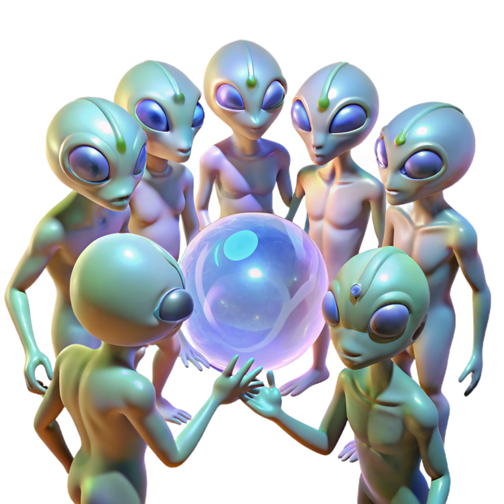 picturesque dreamy gothic A group of alien creatures, with iridescent skin, gathered around a glowing orb, bathed in its ethereal light. Mystical lighting, fantasy style refined png