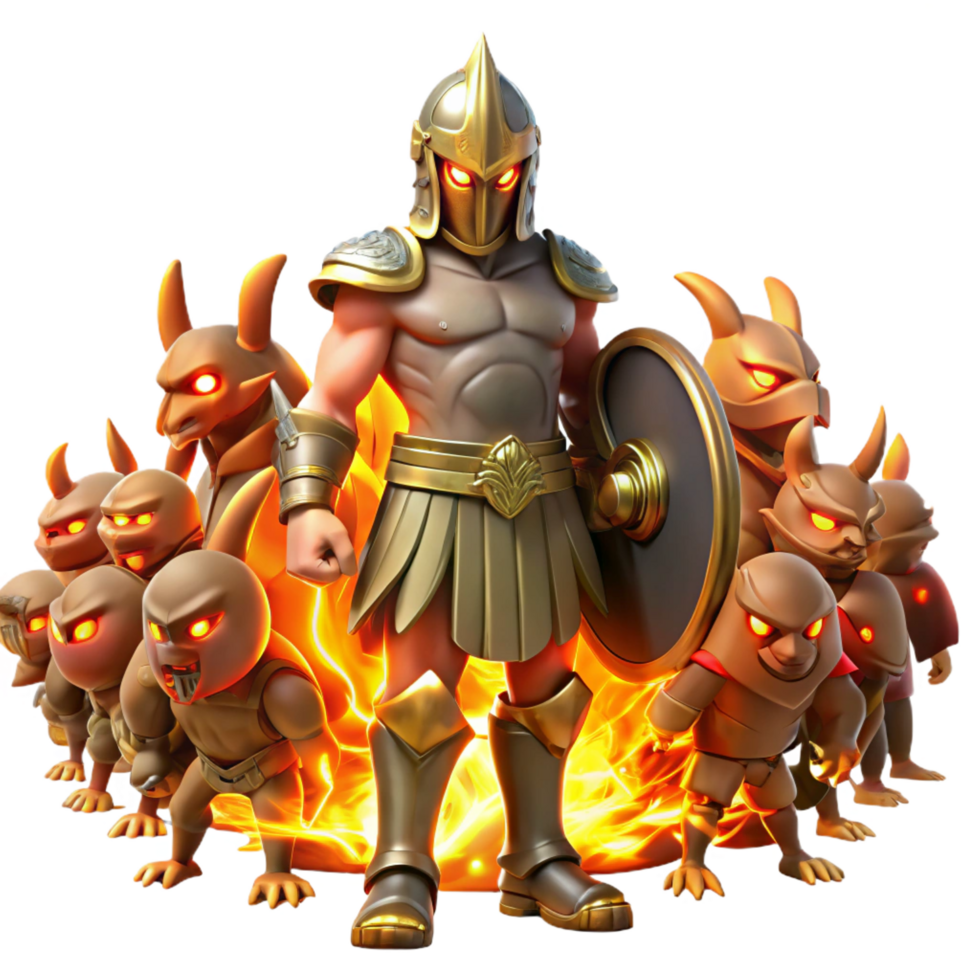 impressive modern A stoic Spartan warrior facing a horde of mythical creatures, armor reflecting the firelight, realistic style, dramatic firelight flawless png