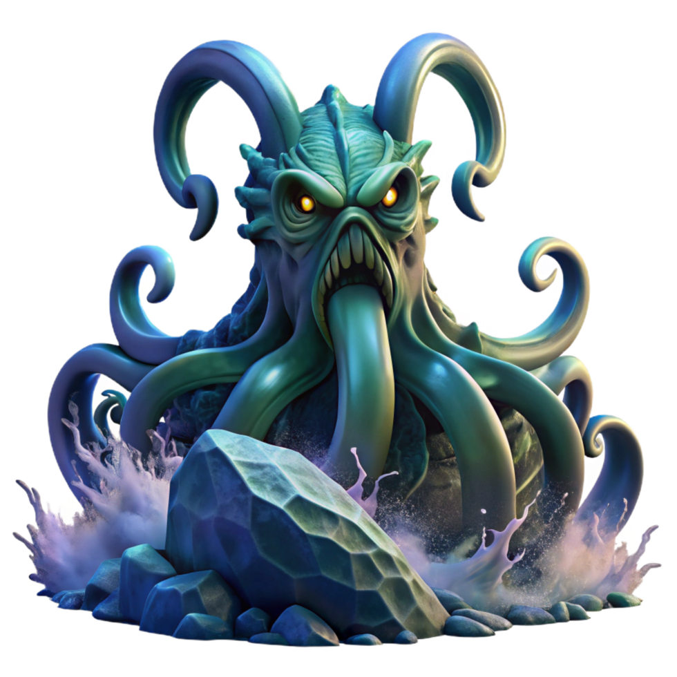serene quintessential A majestic kraken rising from the ocean, dramatic storm lighting, monstrous and epic style png