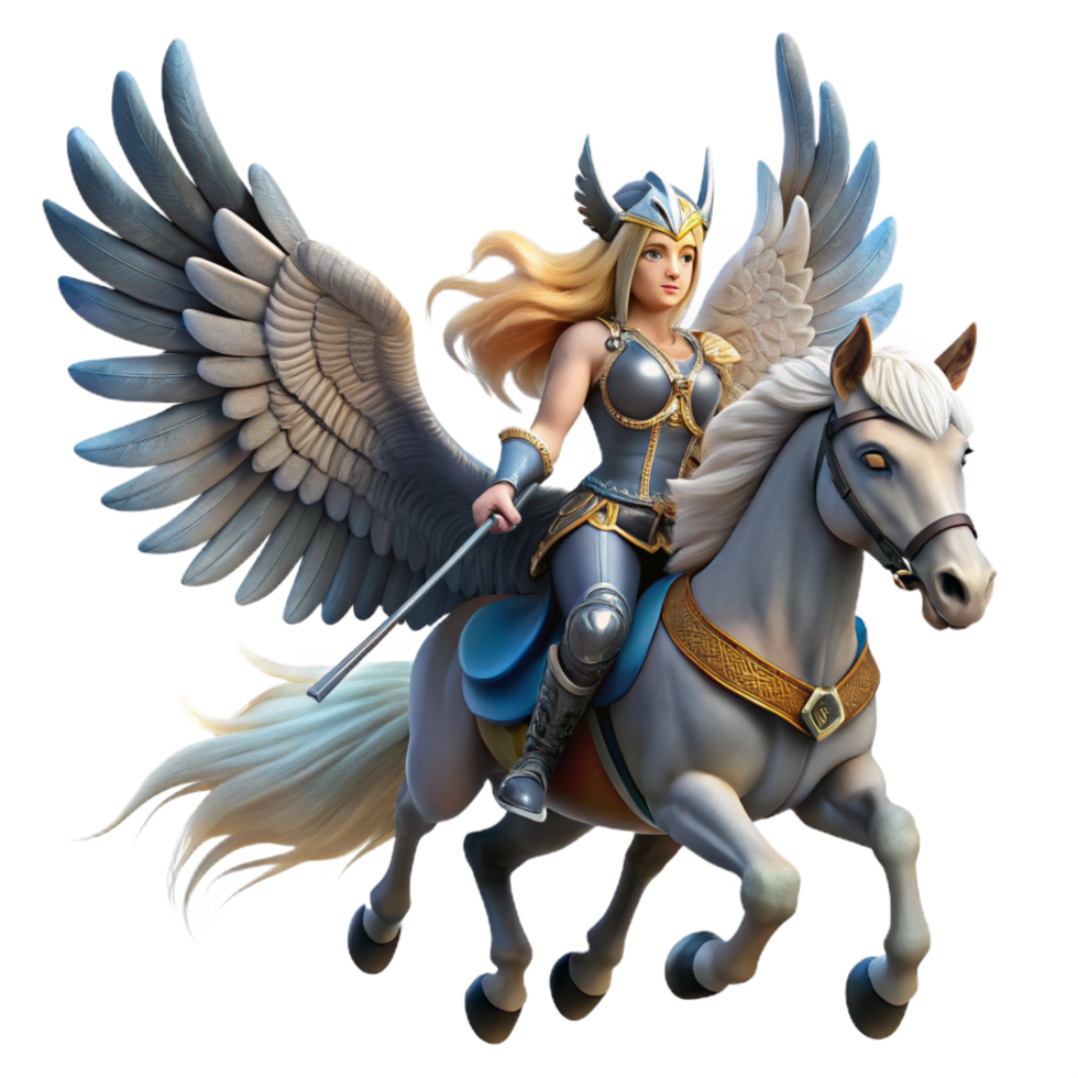 calm exquisite A beautiful Valkyrie riding a winged horse through a storm, carrying a fallen warrior to Valhalla. Norse mythology style gallery standard png