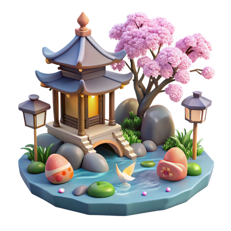 sought after creative A traditional Japanese garden with a koi pond, stone lanterns, cherry blossoms, serene atmosphere, peaceful, high quality png