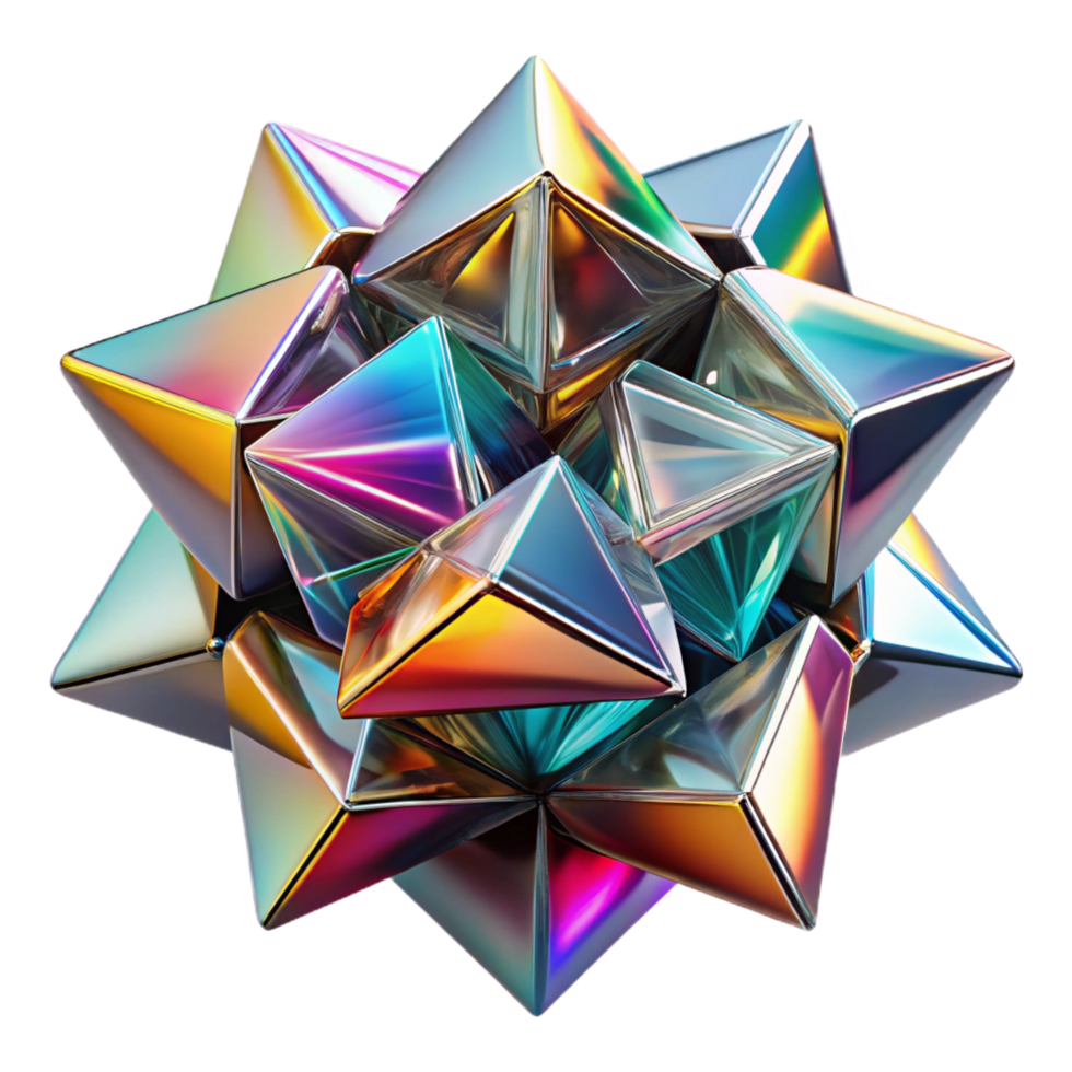 captivating whimsical traditional A dynamic, abstract composition of fragmented, mirrored surfaces, reflecting distorted geometric shapes, with a bright, multi colored light source refined png