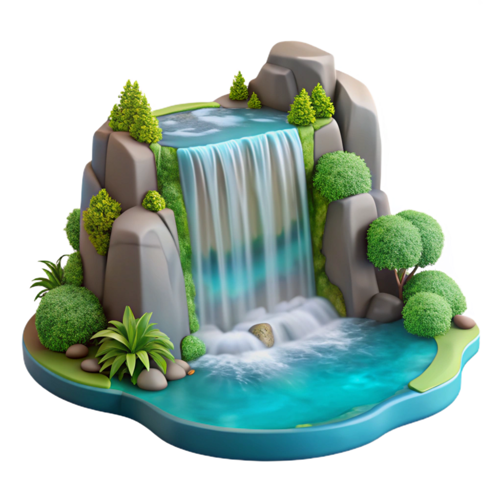 distinctive art deco A cascading waterfall plunging into a crystal clear pool, surrounded by lush greenery, long exposure photography style artisan png