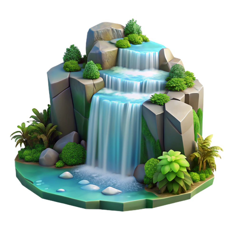 radiant celebrated A cascading waterfall plunging into a crystal clear pool, surrounded by lush greenery, long exposure photography style png