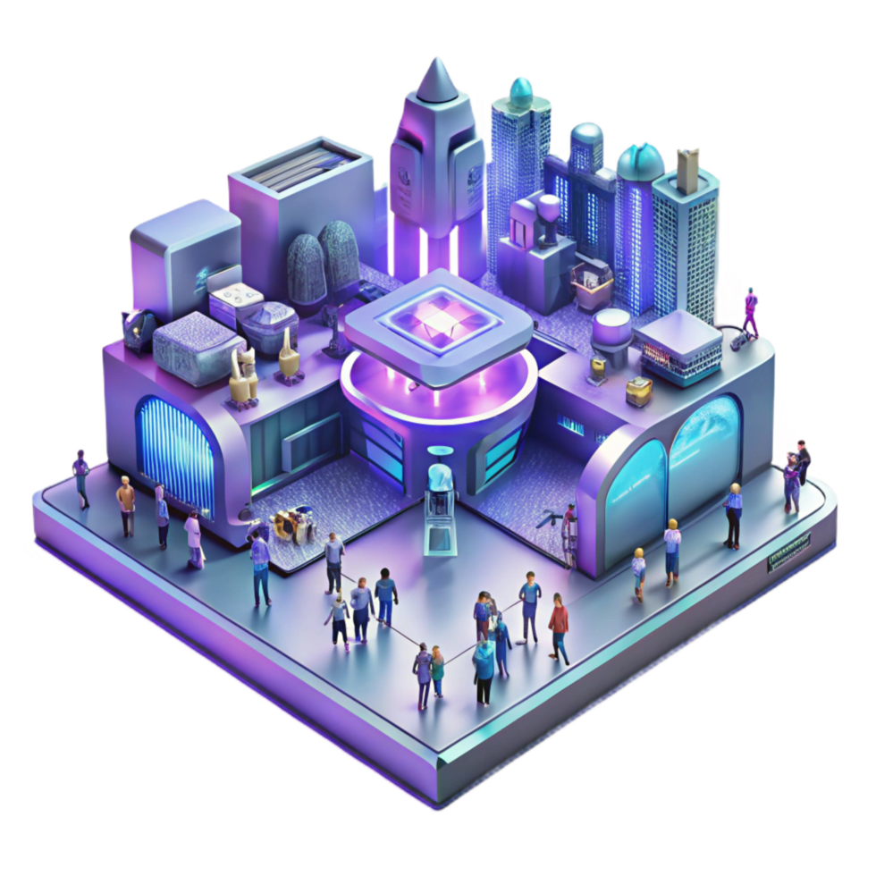 romantic vibrant A bustling marketplace in a futuristic city, holographic advertisements, neon lights, diverse crowd of people, cyberpunk aesthetic, high angle perspective top tier png