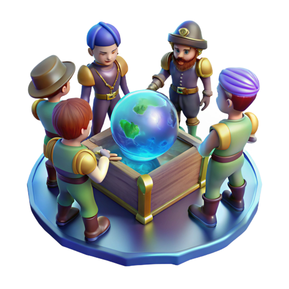 radiant artistic A group of space pirates, gathered around a holographic map of a treasure planet. Space opera style. Chiaroscuro lighting crisp png