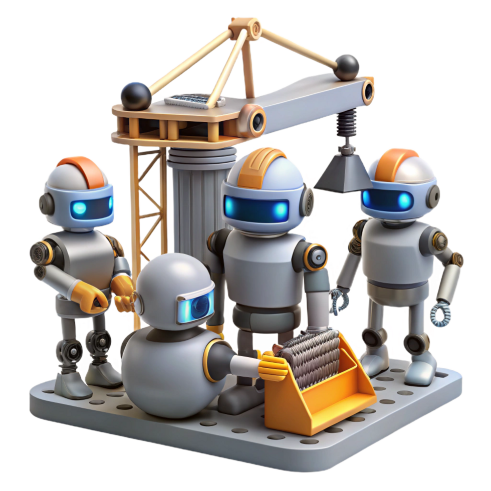 signature mid century A group of robots working on a massive construction project in space. Constructivist style. Industrial lighting high quality png